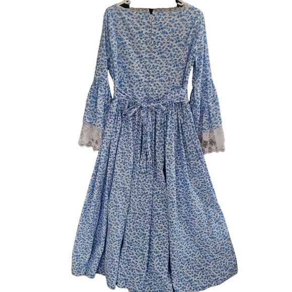 Prairie Cottage Core Maxi Dress Blue & White Floral Poet Sleeve Women's Med - Picture 3 of 11